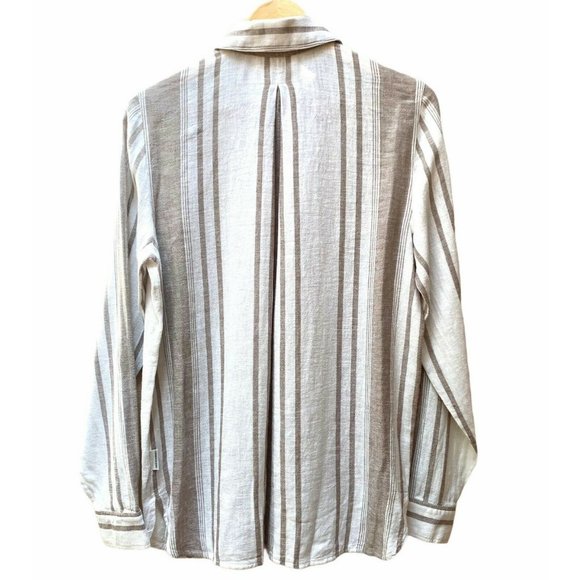 Calvin Klein Stripe Linen Blouse Shirt White Tan - Picture 5 of 8
